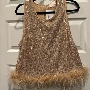 Gold Sequin Sleeveless Top with Feather Trim